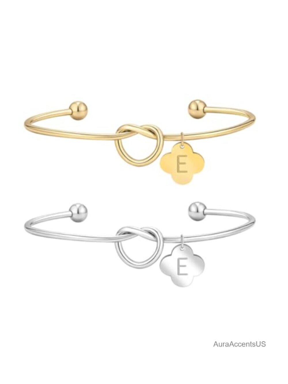 2Pc Stainless Steel Initial Knot Cuff Bracelet Set Dainty Letter Bangle Women